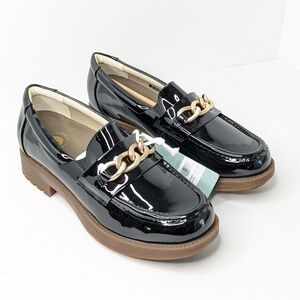 REVITALIGN Black Patent Loafers with Gold Chain Accent